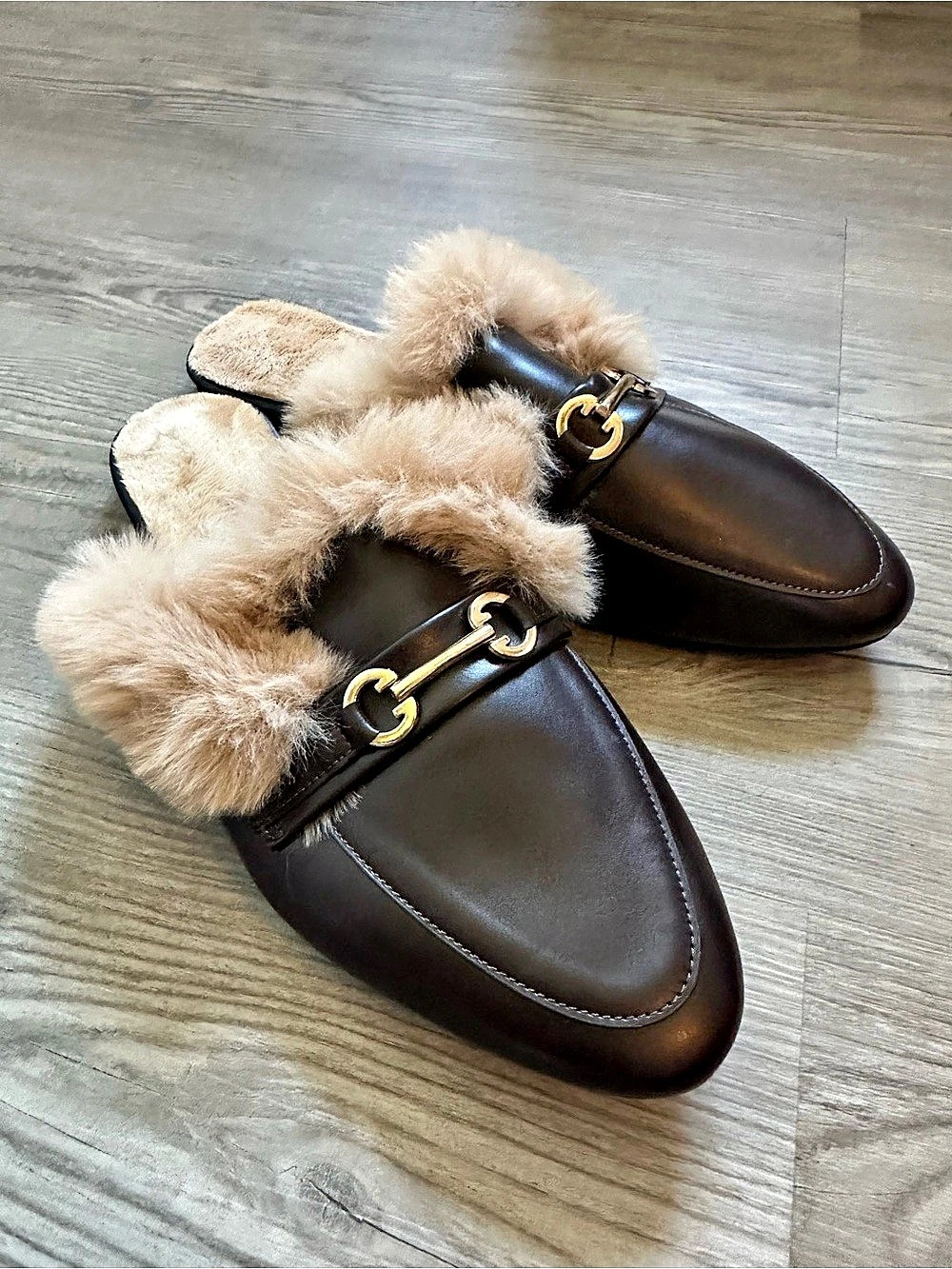 SHEIN Faux Leather Fur-Lined Mule Brown